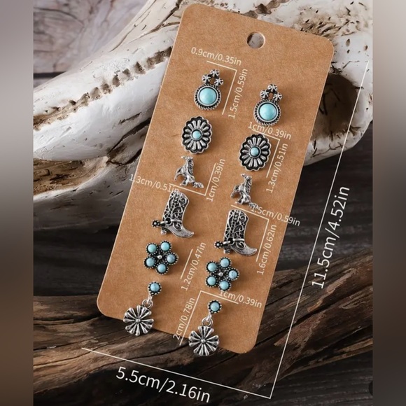 NEW Earrings, Vintage Silvery Look, Western, Faux Turquoise, 6 Sets of Earrings - Picture 2 of 2